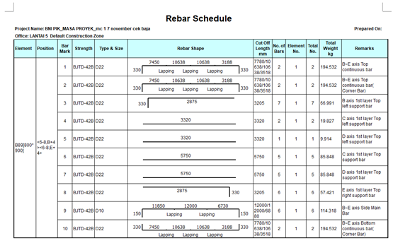 Cubicost TRB rebar schedule displaying bar marks, sizes, cut lengths, quantities, and reinforcement details for structural elements in the BNI Building project.